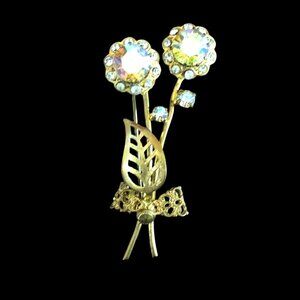 Antique Brooch Gold Tone AB Aurora Borealis Floral Pin C Clasp Flowers